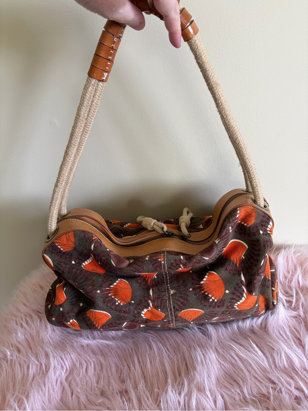 BCBGirls Brown & Orange Canvas Shoulder Bag with Rope Strap